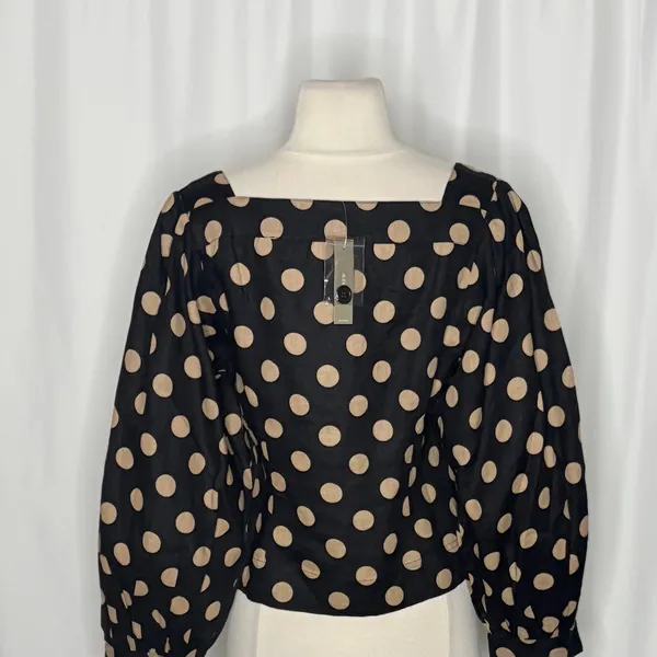 NWT!! J. CREW Linen Polka Dot Square Neck Blouse Black Tan Top Preppy Medium - Image 8
