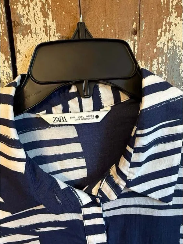 ZARA Blue & White Striped maxi Tiered Button-Up shirt Dress large - Image 4