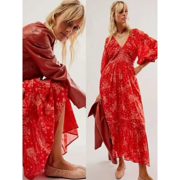 Free People Golden Hour Maxi Dress Cherry Red Large Bohemian Spring Floral 70s - Image 6