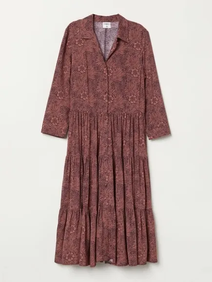 Morris & Co x H&M 6 William Morris Floral Tiered Midi Shirt Dress Burgundy Fall - Image 7