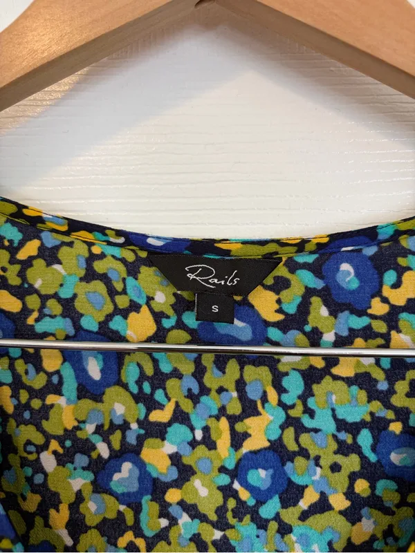 Rails Roma Mini Dress Abstract Garden Green Blue Size Small Printed Puff Sleeve - Image 6
