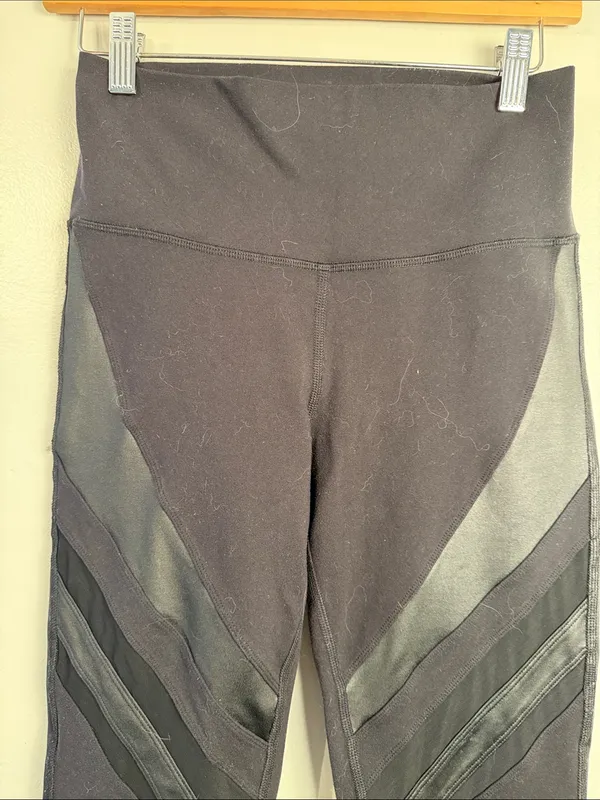 Alo Leggings Long Black Net Trim Inserts Diagonal Design Satin Strips - Image 3