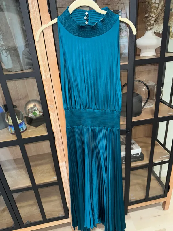 ALC Frank Renzo maxi dress Sleeveless Smocked Pleated teal satin high neck wedding - Image 5