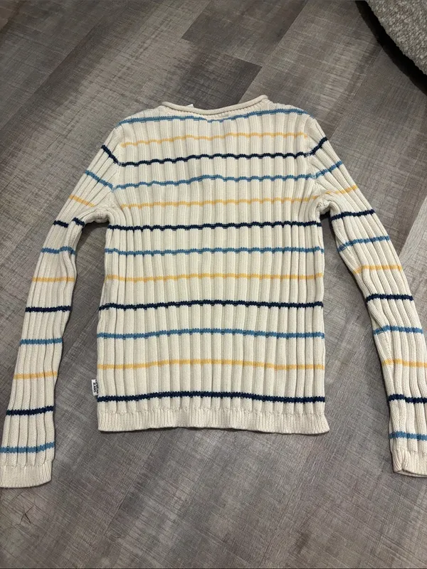 Striped Rib-Knit Crewneck Sweater - Cream with Navy & Blue Stripes - Image 3