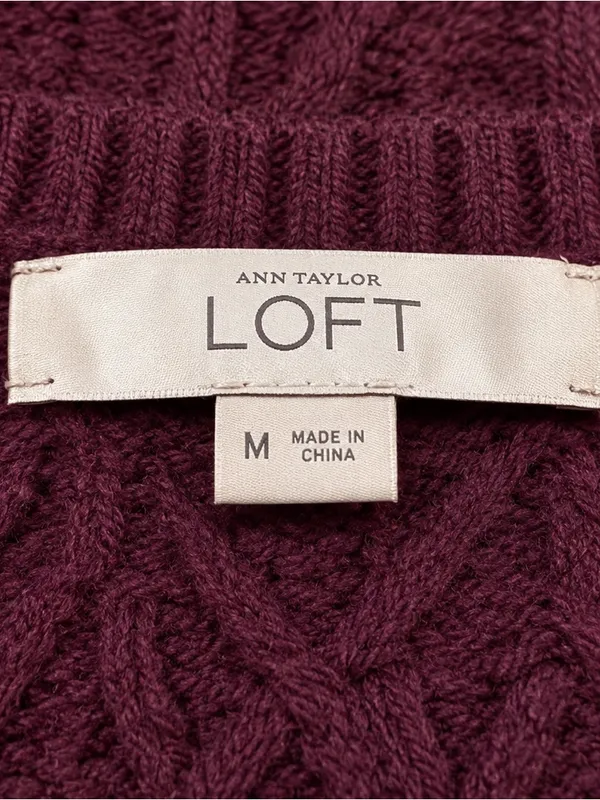 LOFT Burgundy Plum Crewneck Pullover Cable Knit Chunky Sweater Split Hem Medium - Image 6