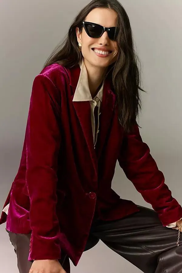 Anthropologie Maeve The Tessie Blazer Jacket Suit Blazer Top Raspberry Velvet - Image 3