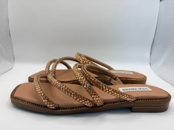 Steve Madden Bronze Beaded Strappy Slide Sandals Boho Glam Resort Summer Size 7 - Image 2