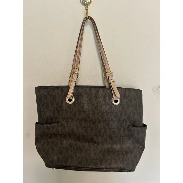 Michael Kors Jet Set Tote Bag Signature Brown Monogram Coated Canvas Preppy - Image 2