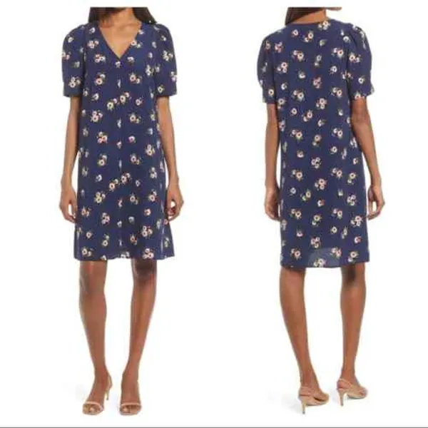 Chelsea28 Floral Puff Sleeve V-Neck Navy‎ Shift Dress Size Large - Image 2