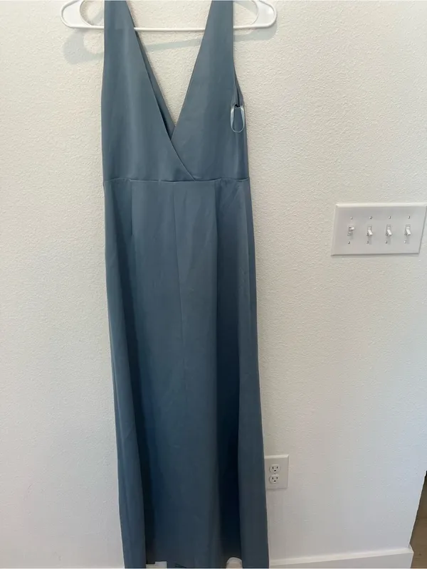 Anthropologie Bhldn Dusty Blue Piper V-Neck Side Slit Satin Gown - Image 9
