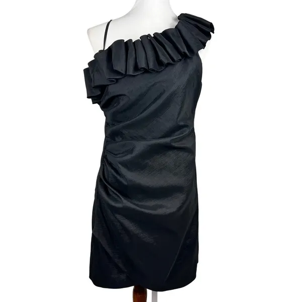 S.L. Fashions Black One Shoulder Ruffle Ruched Cocktail Dress Size 14 - Image 2