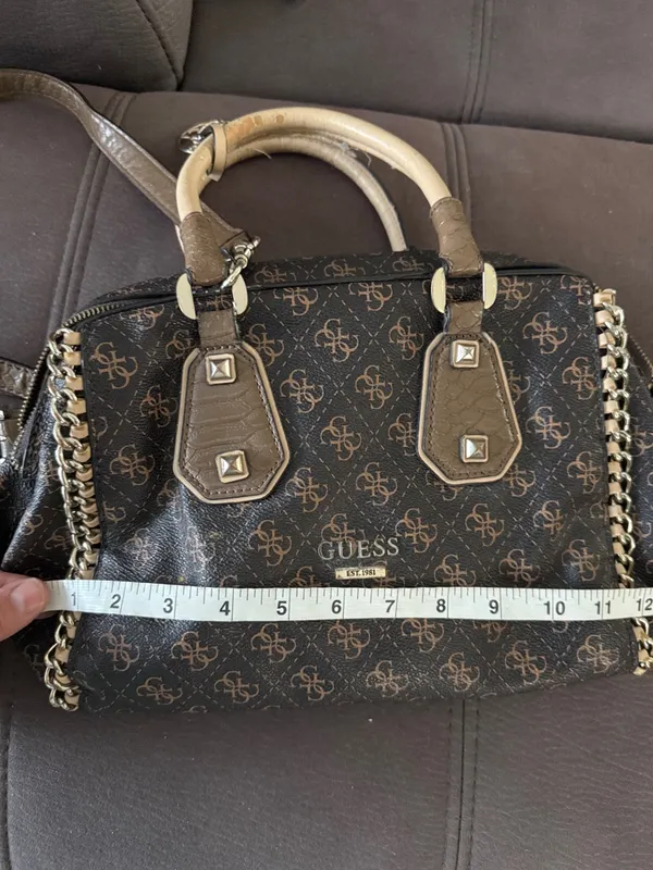 Vintage 2000s GUESS Brown &Tan Monogram Handbag/Shoulder Bag with Chain Detail - Image 15