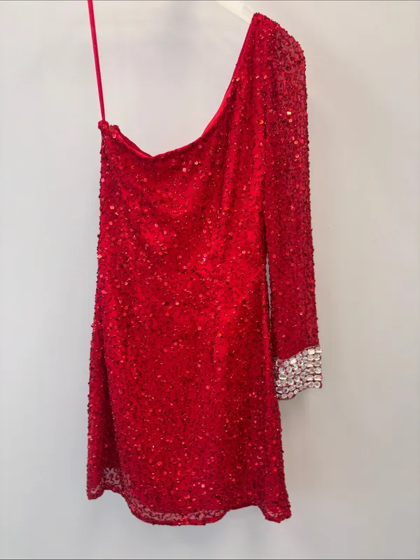 Shail K Silk Red Sequin Long Sleeve Mini Dress - Image 5