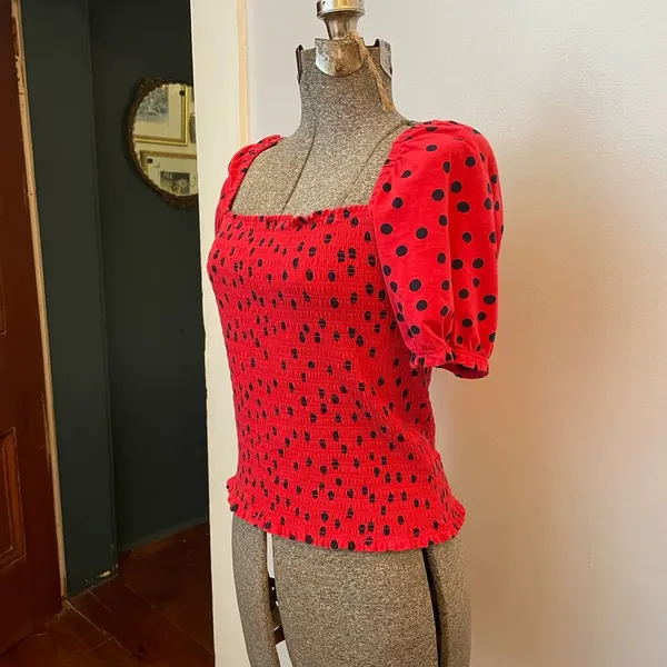 Anthropologie Dolan Polka Dot Smocked Puff-Sleeved Boho Top - Size Medium - Image 5