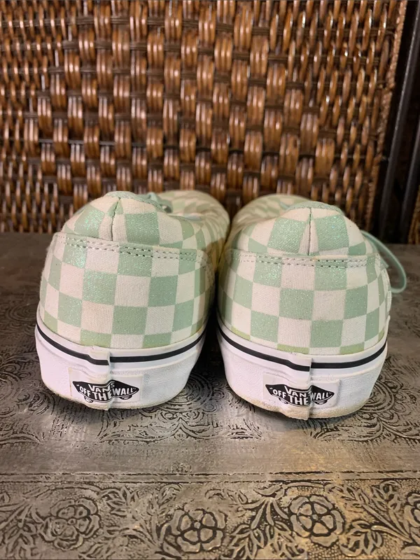 Vans Green and White Sparkly Checked Low Tops Size 11 - Image 5