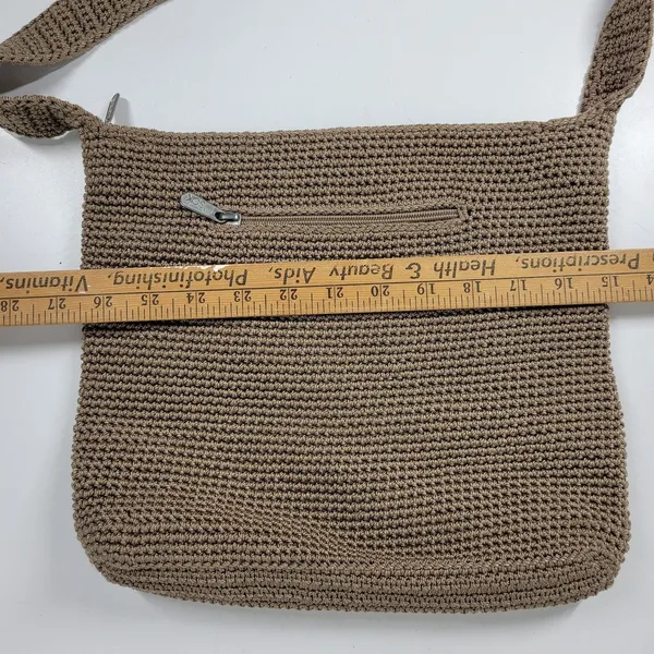 Vintage Sak Crochet Shoulder Bag 10" Dark Tan Nylon Ladies Handbag Pockets - Image 7