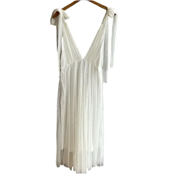 NWT One and Only Collective Tie Shoulder Mesh Tulle Dress Deep V Midi White Gown - Image 4