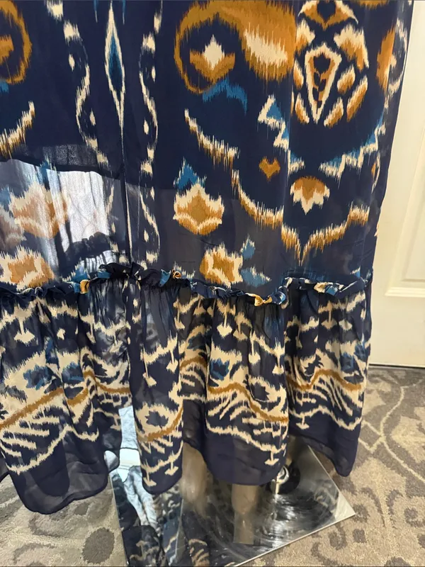 FARM Rio Pineapple Blue Ikat Maxi Dress Boho Long Sleeve Altered Length Small - Image 11