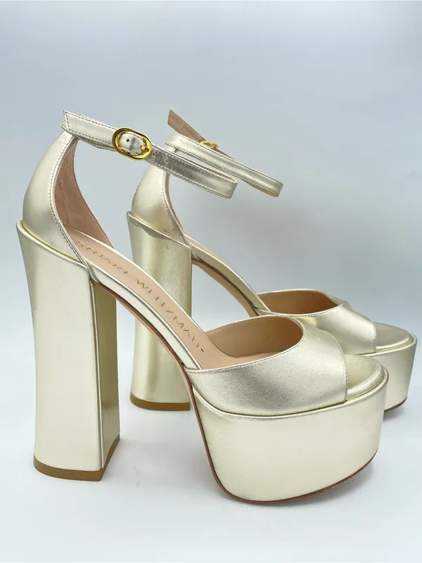 STUART WEITZMAN Skyhigh 145 Gold Metallic Leather Platform Sandals Block Heels - Image 4