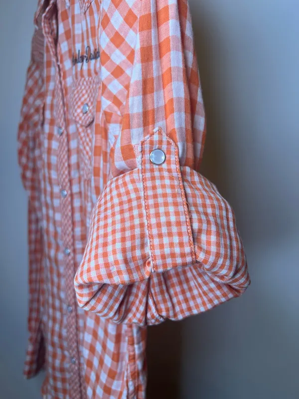 Harley Davidson Orange Gingham Snap Shirt‎ Embroidered Back Small - Image 12