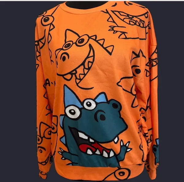 SheIn Neon orange sweatshirt with dinosaur designs size small - Image 2