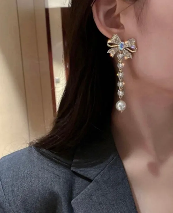Women's Pearl Rhinestone Bow Tassel Dangle Drop Earrings Gold - Image 4