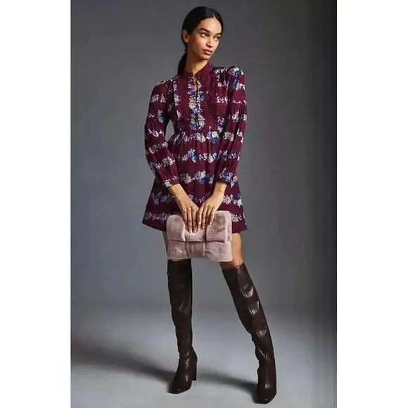 BY ANTHROPOLOGIE Mini Tunic Long Sleeve Dress Floral‎ Lace Trims Purple X-Small - Image 4