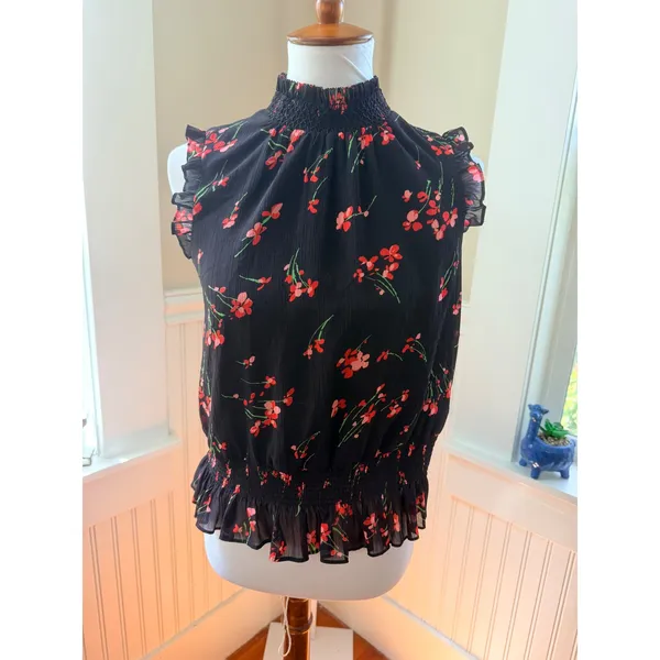 J.Crew Floral Smocked High Neck Ruffle Sleeveless Blouse Black Red Size 2 - Image 2