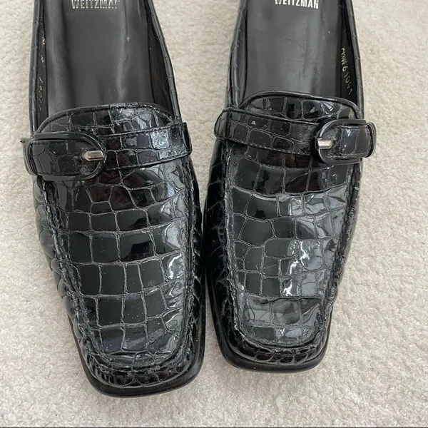 Stuart Weitzman Black Crocodile Patent Leather Block Heel Mules Shoes 8 Narrow - Image 4