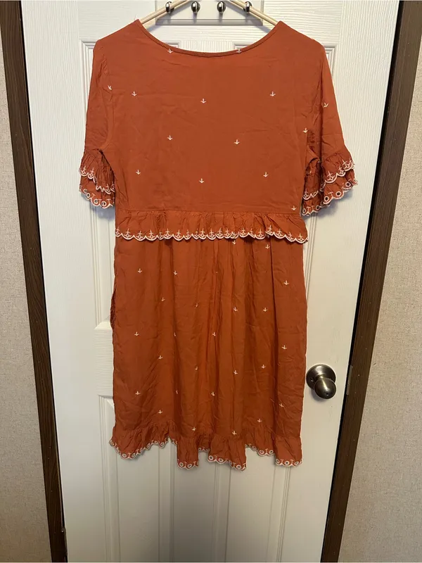 Anthropologie Coral Orange V‑Neck Midi Dress with Eyelet Trim - Image 5