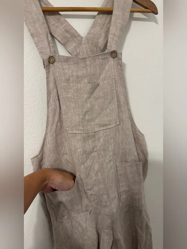 Linen Fairytales 100% Linen Oatmeal Overalls Jumpsuit XS Lantern Leg Lagenlook - Image 2