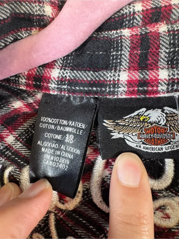 Harley Davidson Red Black Plaid Button Down Shirt Womens L Embroidered Flannel - Image 9
