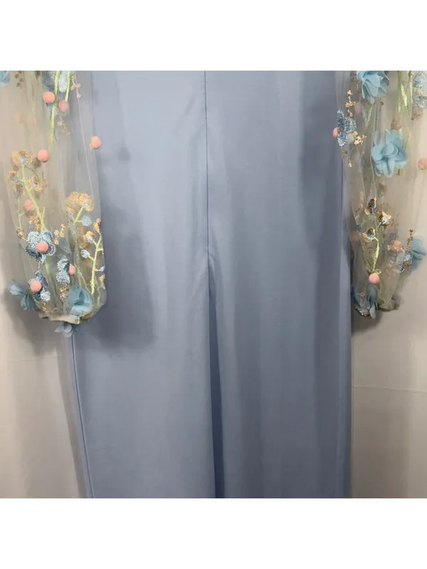 SHEIN Floral Mesh Sleeve Maxi Dress M Blue - Image 9