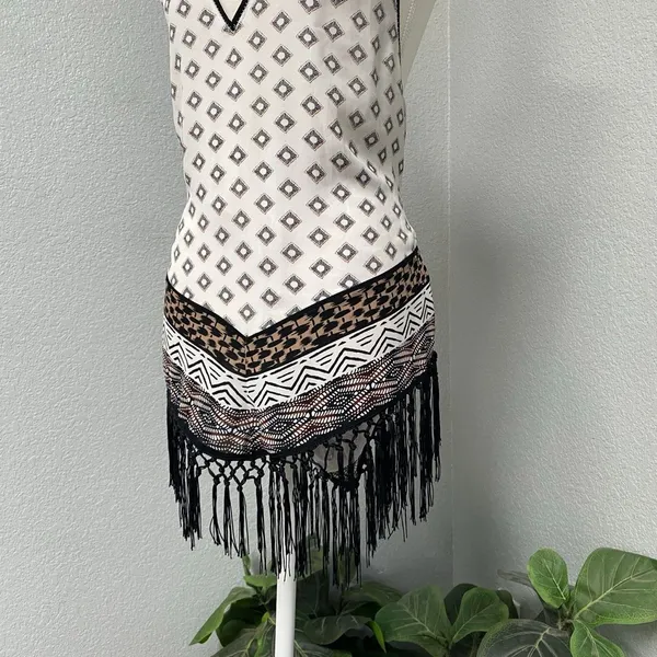 White House Black Market Geometric Halter Top Fringe Tassel White Black Brown - Image 3