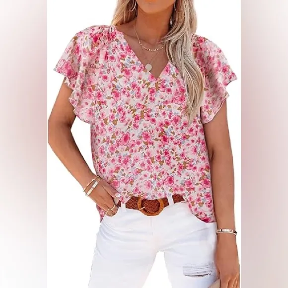 Pink Floral Short Sleeved V Neck Blouse Size L - Image 3