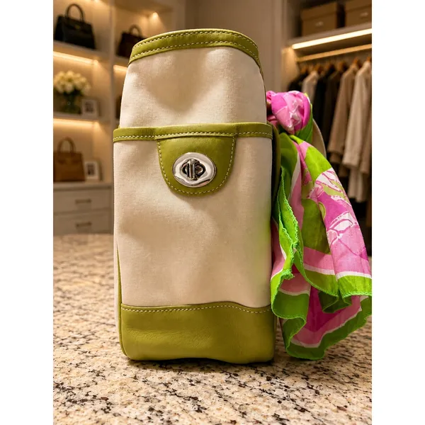 Coach 6734 Rare Vintage Hampton Garden Tote Ivory Green Canvas Leather Y2K Bag - Image 4