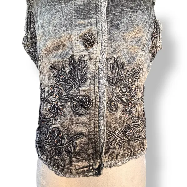 Vintage Gray Embroidered‎ Beaded Mandarin Collar Boho Vest Artisan Western Layer - Image 6