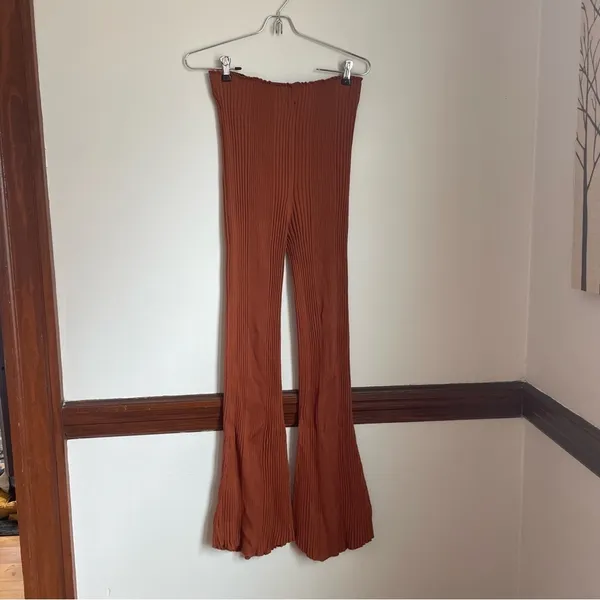 Fun 70s style‎ Ribbed Rust Flared Elastic Waist Trousers Brown - Image 2