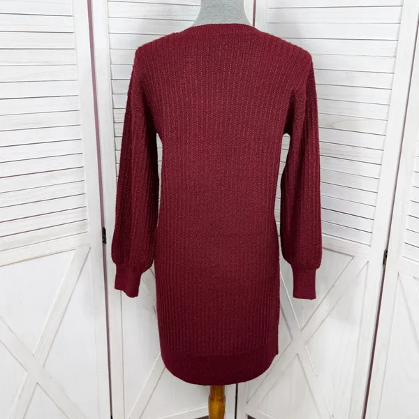 Nine West Metallic‎ Shimmer Knit Balloon Sleeve Sweater Dress Burgundy Red Small - Image 4