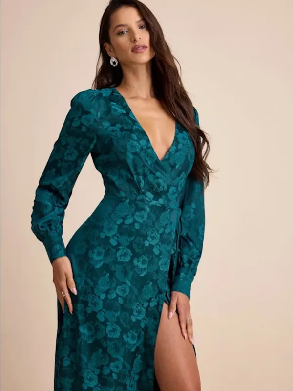 Lulu's Teal Floral Wrap Maxi Gown with Slit - Image 4