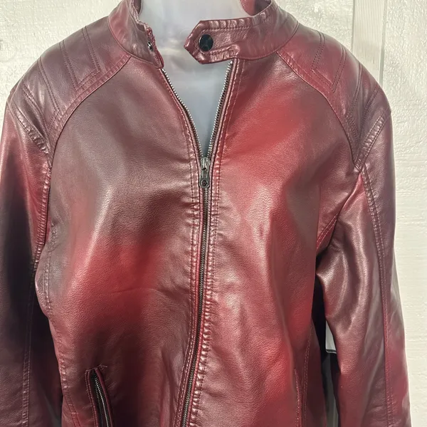 Burgundy Faux Leather Bomber Jacket No Size See Measurements EUC - Image 3