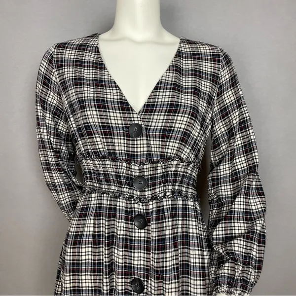 Zara Plaid Dress Shirred Smocked Long Sleeve V-Neck‎ Midi Women Size Medium - Image 4