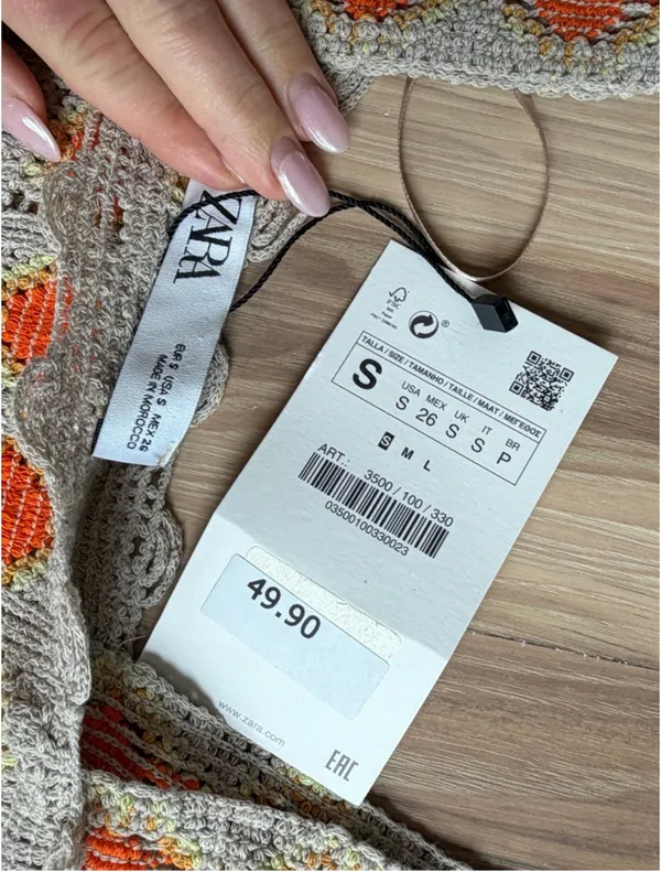 Zara Beige Crochet Midi Dress with Orange & Brown Motif - Image 3