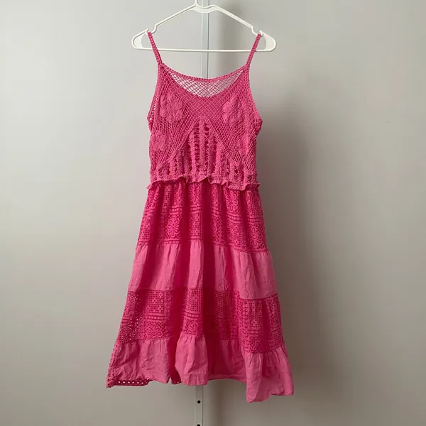 Fairy Cotton Boho Beachy Crochet‎ Eyelet Tiered Midi Dress Pink - Image 5
