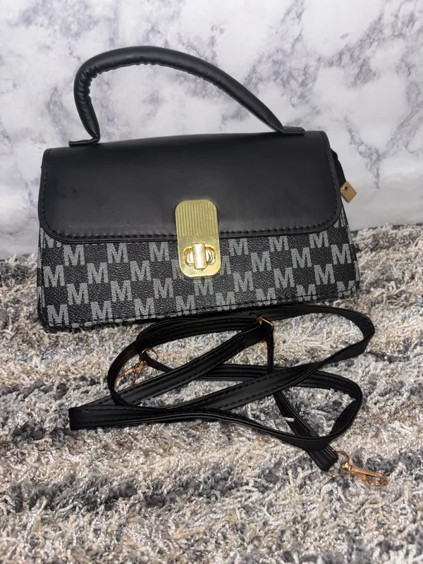 Black Monogram Top Handle Crossbody Bag with Gold Hardware - Image 3
