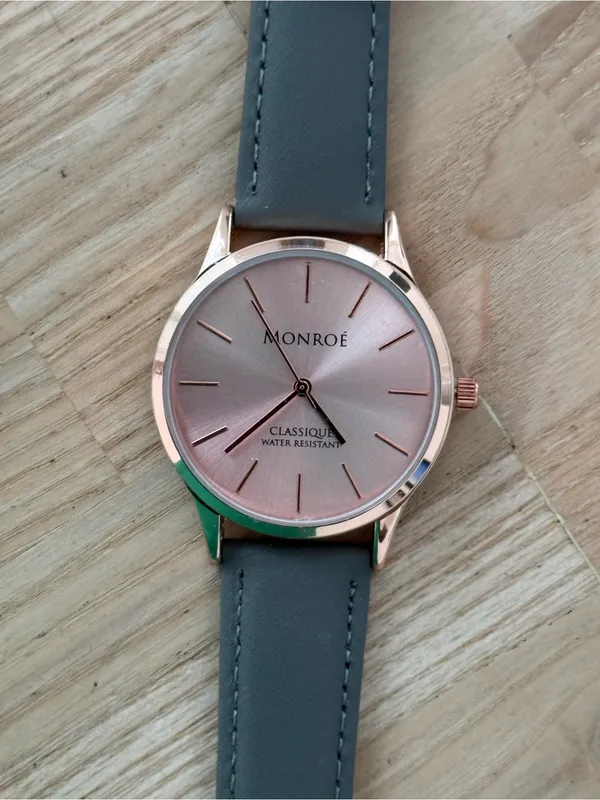 Monroe Classique by Maestro Luxury Watch Rose Gold Dial Gray Leather Strap NWOT - Image 6