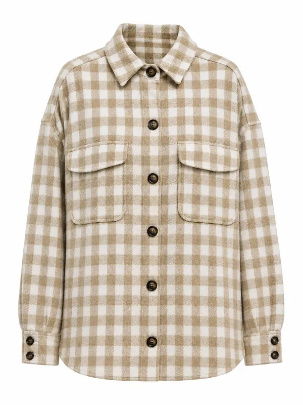 She + Sky Tan Cream Plaid Wool-Blend Shacket Size M - Image 2