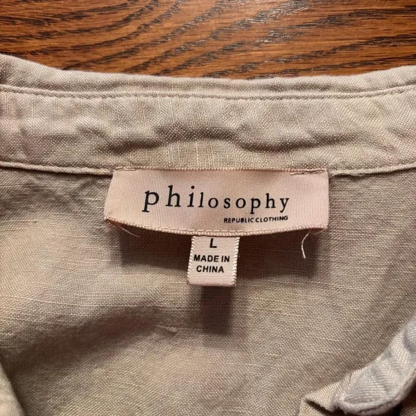 Philosophy Shirt Women's Size L‎ 55% Linen Beige Short Sleeves with ties Boho - Image 3