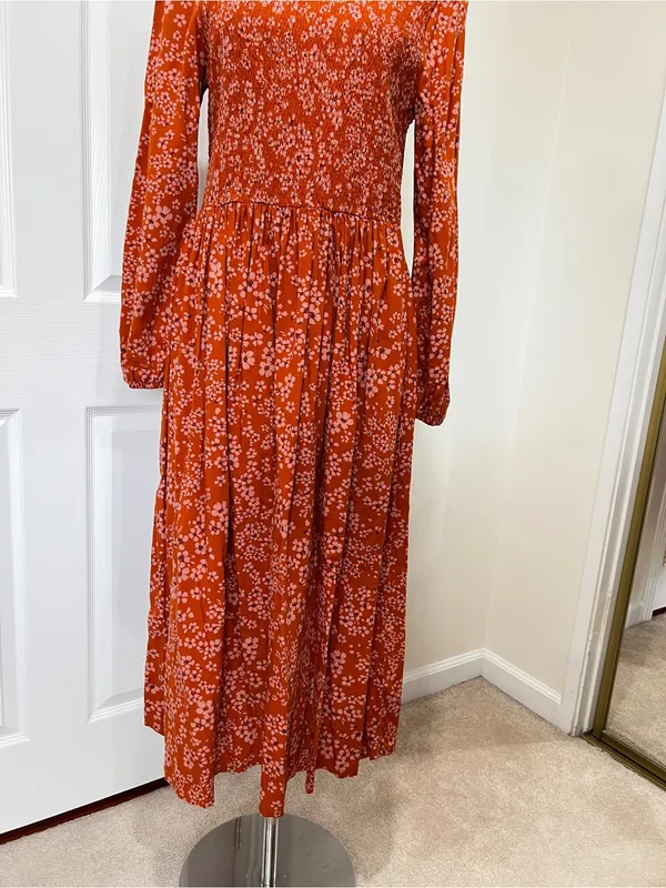 Susina Floral Smocked Bodice & Tiered Midi Dress Orange Burnt Orange Size Large - Image 4