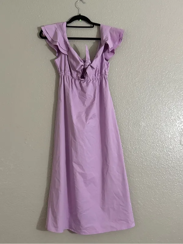 DREW XS Lilac Bow Tie Midi Dress Wedding Guest Kawaii Pastel Romantic Fairy - Image 6